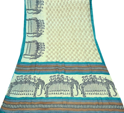 Indian Vintage Ivory Saree Pure Khadi Silk Handloom Printed Sari Fabric 6yd Ethnic Wear Sari Stripes Elephants Designs Dress making Crafting