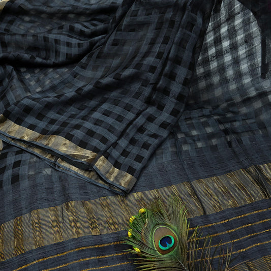 Indian Vintage Black Saree Pure Khadi Silk Handloom Woven Zari Sari Craft Fabric 6yd Ethnic Wear Border Dress making Upcycle Fringes