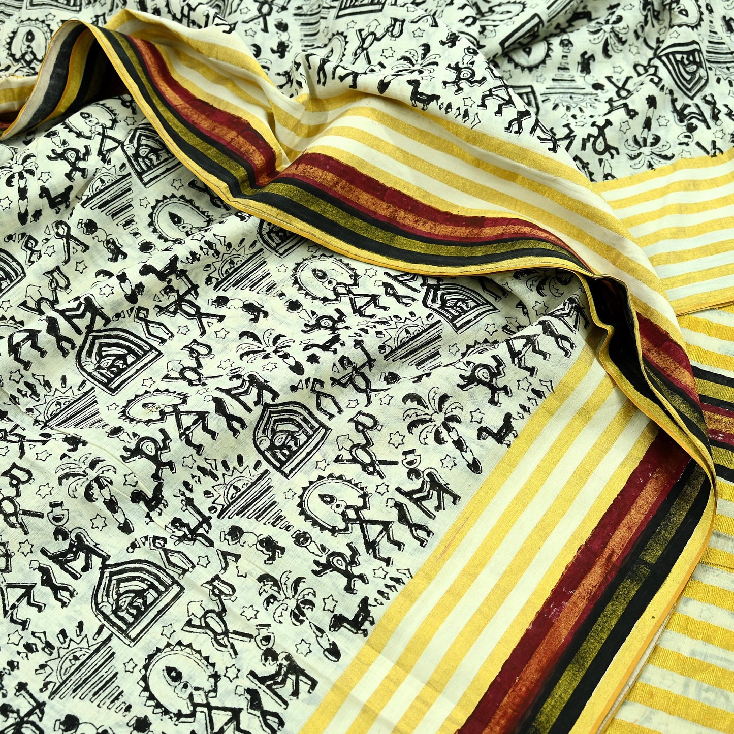 Indian Vintage Ivory Sarees Hand Woven Warli Printed 100% Pure Cotton Sari Craft Fabric 5Yd  Sari Ethnic Floral Design Zari