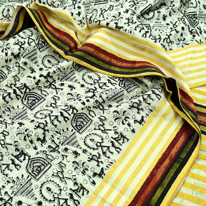 Indian Vintage Ivory Sarees Hand Woven Warli Printed 100% Pure Cotton Sari Craft Fabric 5Yd  Sari Ethnic Floral Design Zari