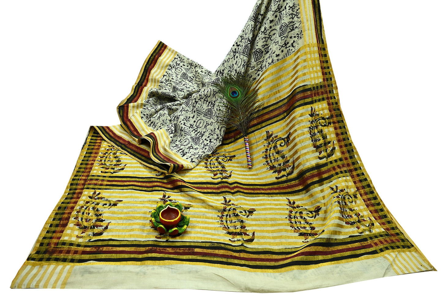 Indian Vintage Ivory Sarees Hand Woven Warli Printed 100% Pure Cotton Sari Craft Fabric 5Yd  Sari Ethnic Floral Design Zari