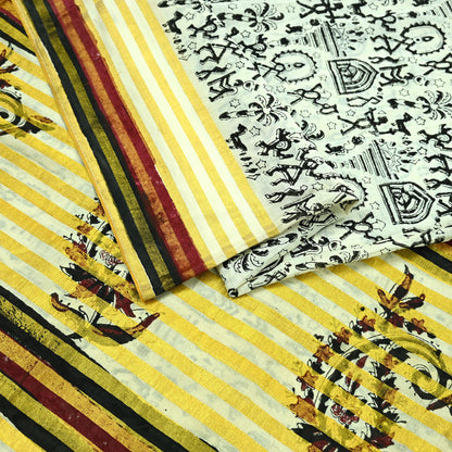 Indian Vintage Ivory Sarees Hand Woven Warli Printed 100% Pure Cotton Sari Craft Fabric 5Yd  Sari Ethnic Floral Design Zari