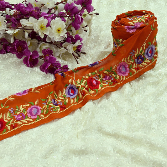 Indian Vintage Orange Border Pure Georgette Silk Hand Embroidered 1Yd Craft Trim Lace Sewing Sari Ribbon Recycled