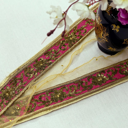 Indian Vintage Beige Sari Border Hand Embroidered 1yd Craft Trim Lace Sewing Net/Mess Ribbon Recycled Sari Border Zardozi/ Dabka Zari