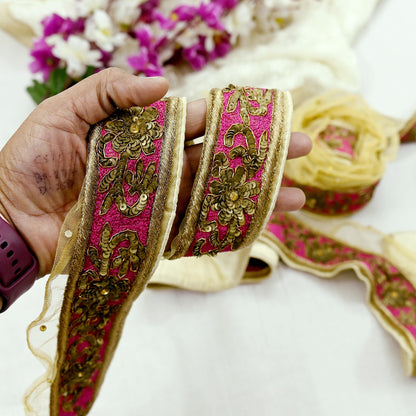 Indian Vintage Beige Sari Border Hand Embroidered 1yd Craft Trim Lace Sewing Net/Mess Ribbon Recycled Sari Border Zardozi/ Dabka Zari