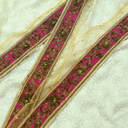 Indian Vintage Beige Sari Border Hand Embroidered 1yd Craft Trim Lace Sewing Net/Mess Ribbon Recycled Sari Border Zardozi/ Dabka Zari