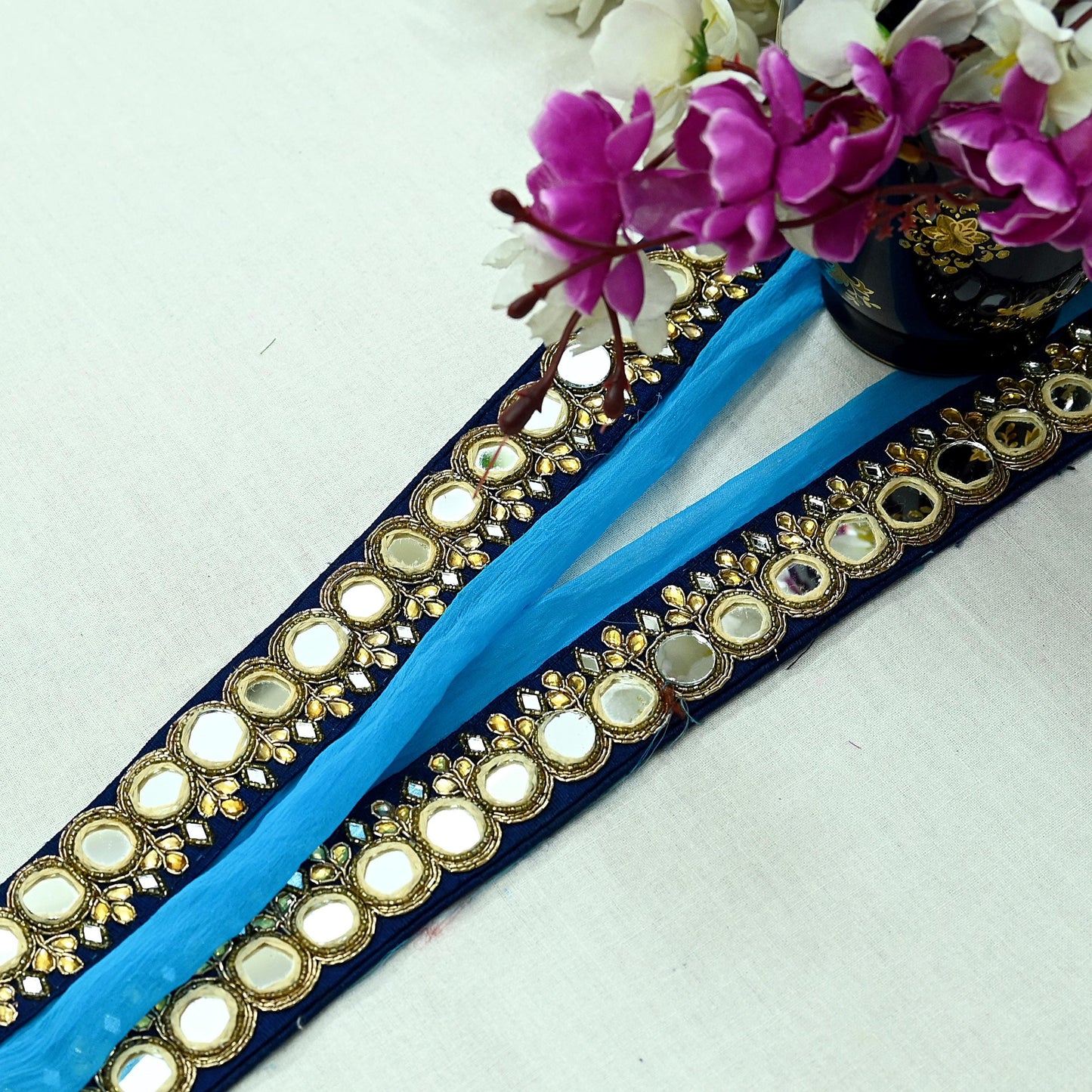 Indian Vintage Blue Border Pure Chiffon Silk Hand Embroidered 1Yd Craft Trim Lace Sewing Sari Ribbon Recycled Dress making Zardozi