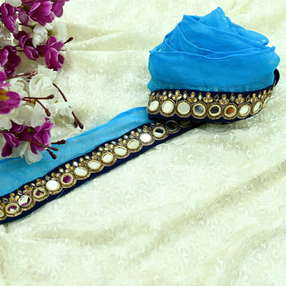 Indian Vintage Blue Border Pure Chiffon Silk Hand Embroidered 1Yd Craft Trim Lace Sewing Sari Ribbon Recycled Dress making Zardozi