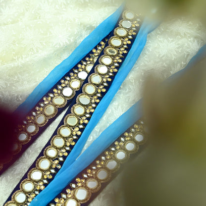 Indian Vintage Blue Border Pure Chiffon Silk Hand Embroidered 1Yd Craft Trim Lace Sewing Sari Ribbon Recycled Dress making Zardozi