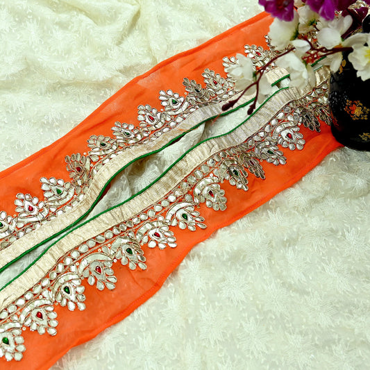 Indian Vintage Orange Border Hand Embroidered 1Yd Gota Patti Craft Trim Lace Sewing Sari Ribbon Zardozi/Dabka Zari Decor Gift Wrapped