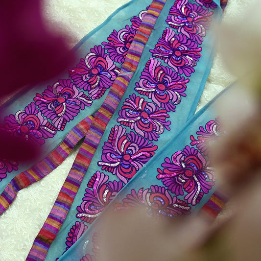 Indian Vintage Blue Border Hand Embroidered Craft Trim 1yd Lace Sewing Pure Georgette Silk Ribbon Recycled Sari Border Decor Gift Wrapped