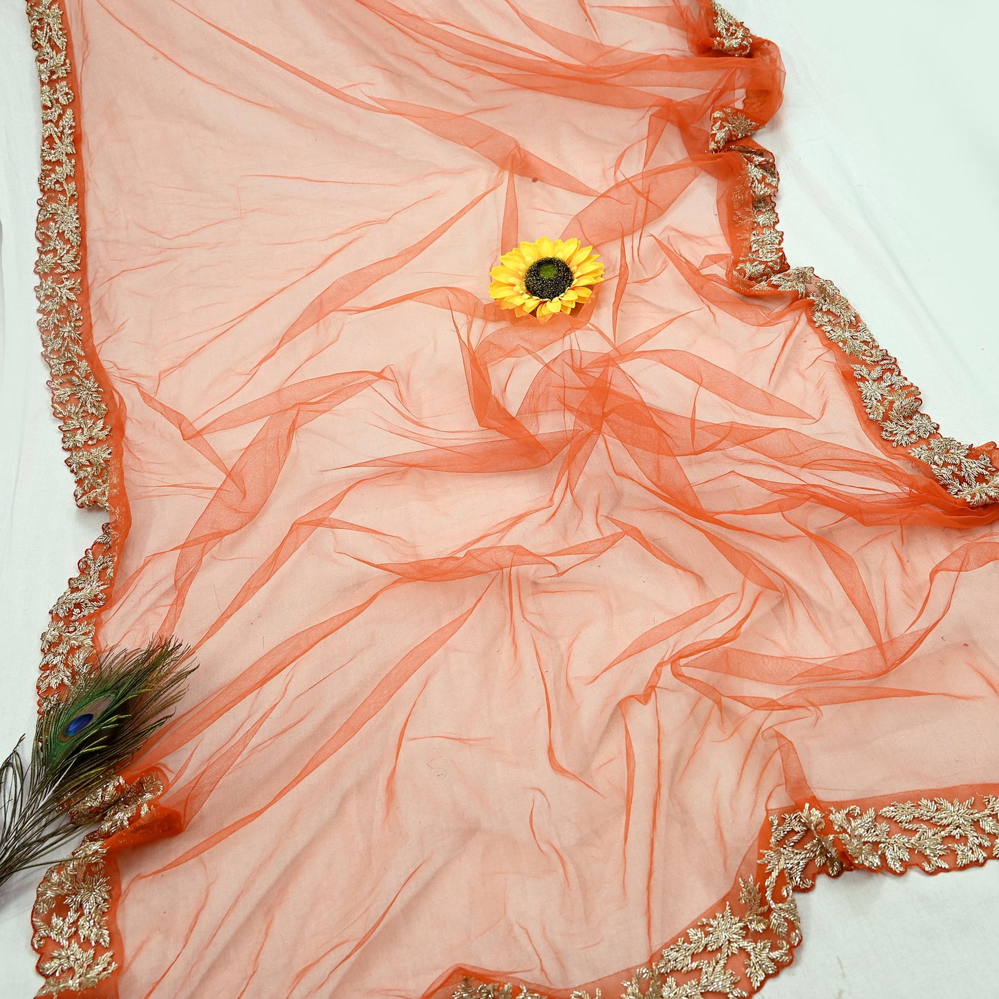 Indian Pre-owned Heavy Wedding Dupatta Orange Net Long Stole Hand Embroidered By Designer Abdul Halder Scarves Zardozi Bridal Veil