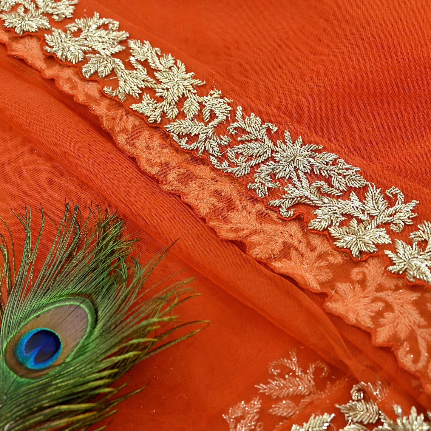 Indian Pre-owned Heavy Wedding Dupatta Orange Net Long Stole Hand Embroidered By Designer Abdul Halder Scarves Zardozi Bridal Veil