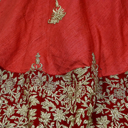 Indian Pre-owned Red Heavy Wedding Pure chhanderi Silk Hand Embroidered Unstitched Lehenga/Skirt Designer By Abdul Halder Bridal Wear