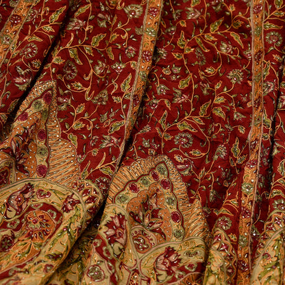 Indian Pre-owned Maroon Pure Silk Hand Embroidered Ritu Kumar Designer Lehenga/Skirt Ethnic Bollywood Party Wear