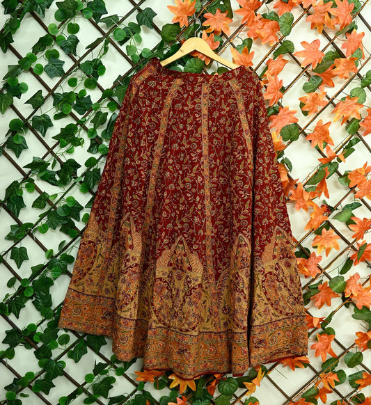 Indian Pre-owned Maroon Pure Silk Hand Embroidered Ritu Kumar Designer Lehenga/Skirt Ethnic Bollywood Party Wear