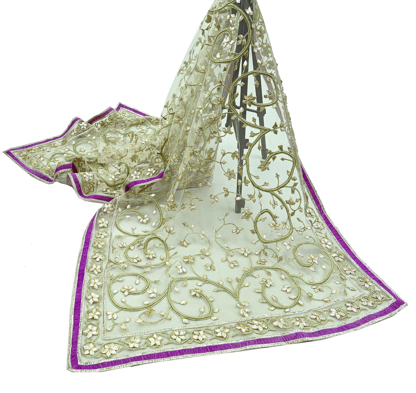 Indian Vintage Heavy Bridal Dupatta Ivory Net Mesh Long Stole Hand Embroidered Scarves Golden Gota Patti Wedding/Party Wear