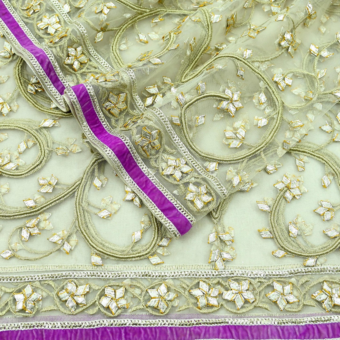 Indian Vintage Heavy Bridal Dupatta Ivory Net Mesh Long Stole Hand Embroidered Scarves Golden Gota Patti Wedding/Party Wear