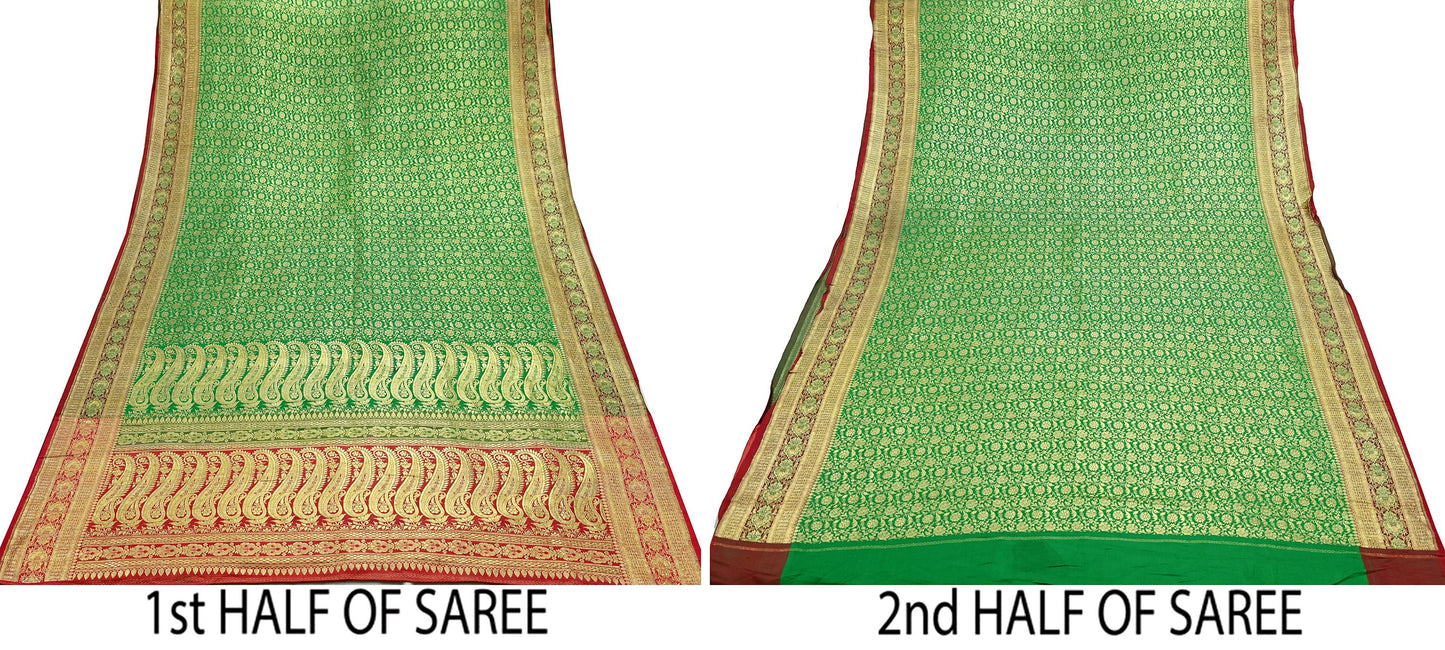 Indian Vintage Sari Heavy Wedding Pure Satin Silk Woven Banarasi Brocade Saree Zari 5Yd Dress Making Craft Fabric Upcycle Crafting