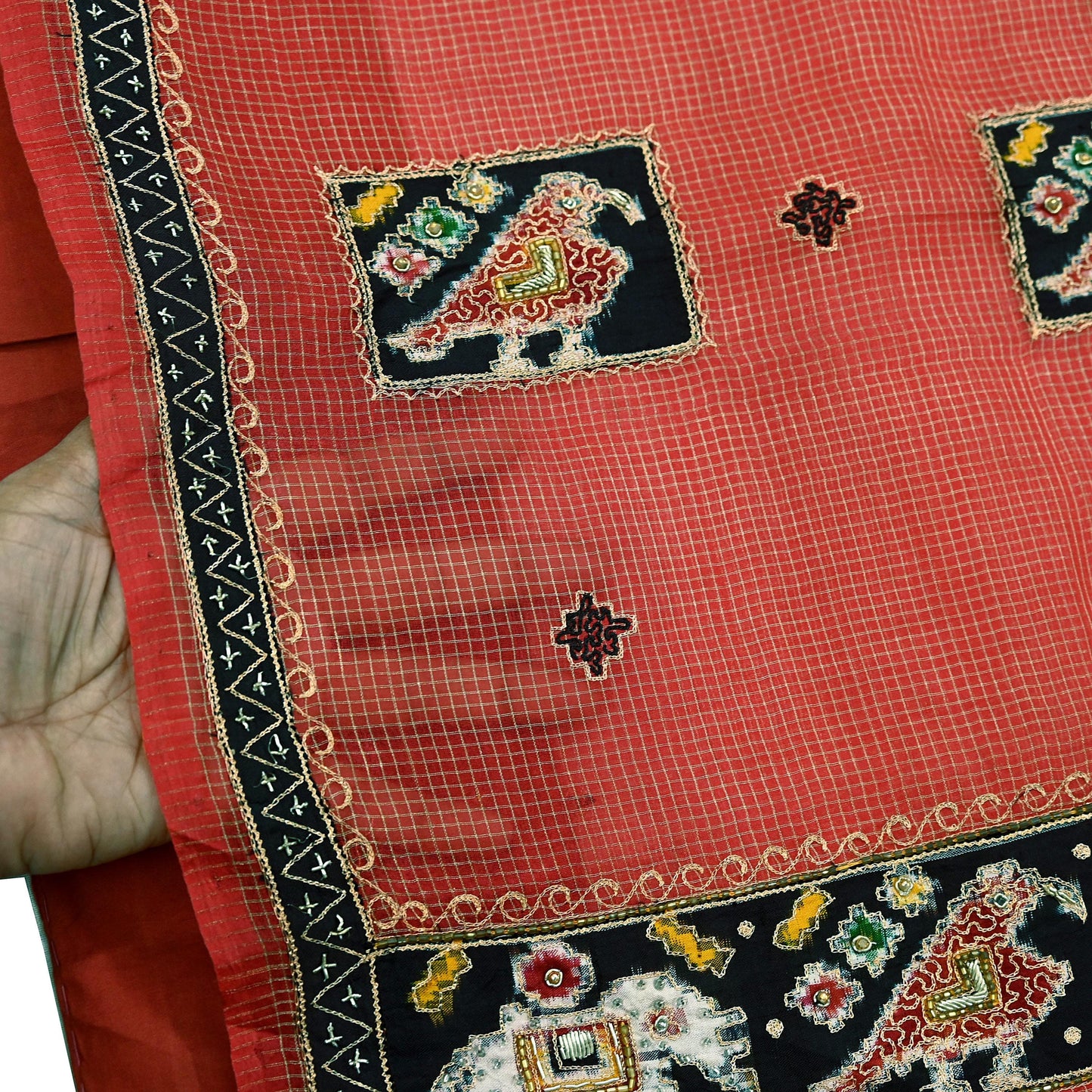 Indian Vintage Sari Red Hand Embroidered Patola Saree Pure Organza Silk Craft Fabric 5Yd Ethnic Dress Making Crafting Quilting Zardozi