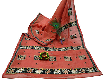 Indian Vintage Sari Red Hand Embroidered Patola Saree Pure Organza Silk Craft Fabric 5Yd Ethnic Dress Making Crafting Quilting Zardozi