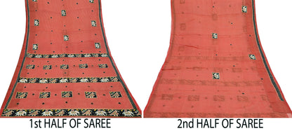 Indian Vintage Sari Red Hand Embroidered Patola Saree Pure Organza Silk Craft Fabric 5Yd Ethnic Dress Making Crafting Quilting Zardozi