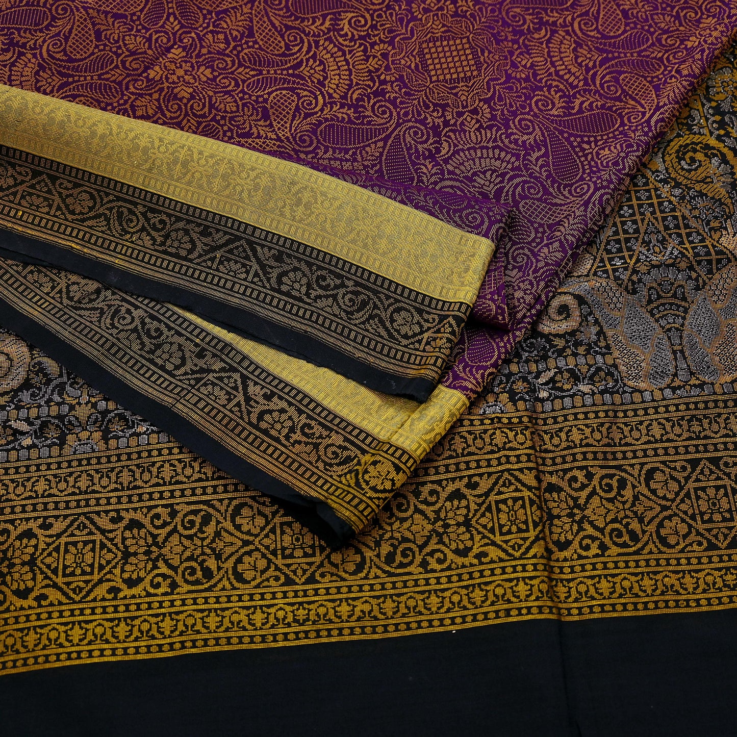 Indian Vintage Heavy Black & Purple Saree Pure Silk Hand Woven Sari Craft Fabric 5Yd Sewing Soft Ethnic Dress Making Wedding Sari Zari
