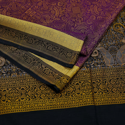 Indian Vintage Heavy Black & Purple Saree Pure Silk Hand Woven Sari Craft Fabric 5Yd Sewing Soft Ethnic Dress Making Wedding Sari Zari