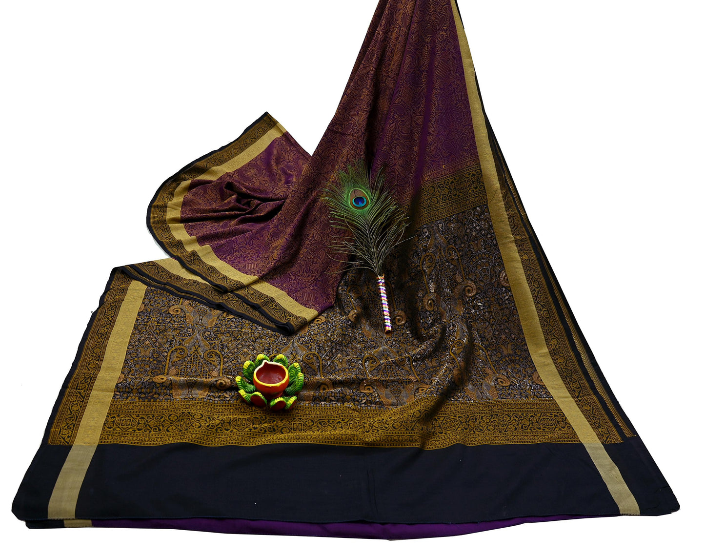 Indian Vintage Heavy Black & Purple Saree Pure Silk Hand Woven Sari Craft Fabric 5Yd Sewing Soft Ethnic Dress Making Wedding Sari Zari