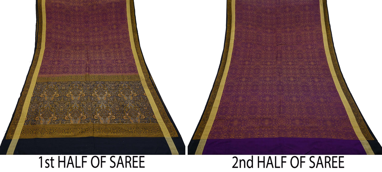 Indian Vintage Heavy Black & Purple Saree Pure Silk Hand Woven Sari Craft Fabric 5Yd Sewing Soft Ethnic Dress Making Wedding Sari Zari