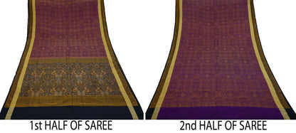 Indian Vintage Heavy Black & Purple Saree Pure Silk Hand Woven Sari Craft Fabric 5Yd Sewing Soft Ethnic Dress Making Wedding Sari Zari