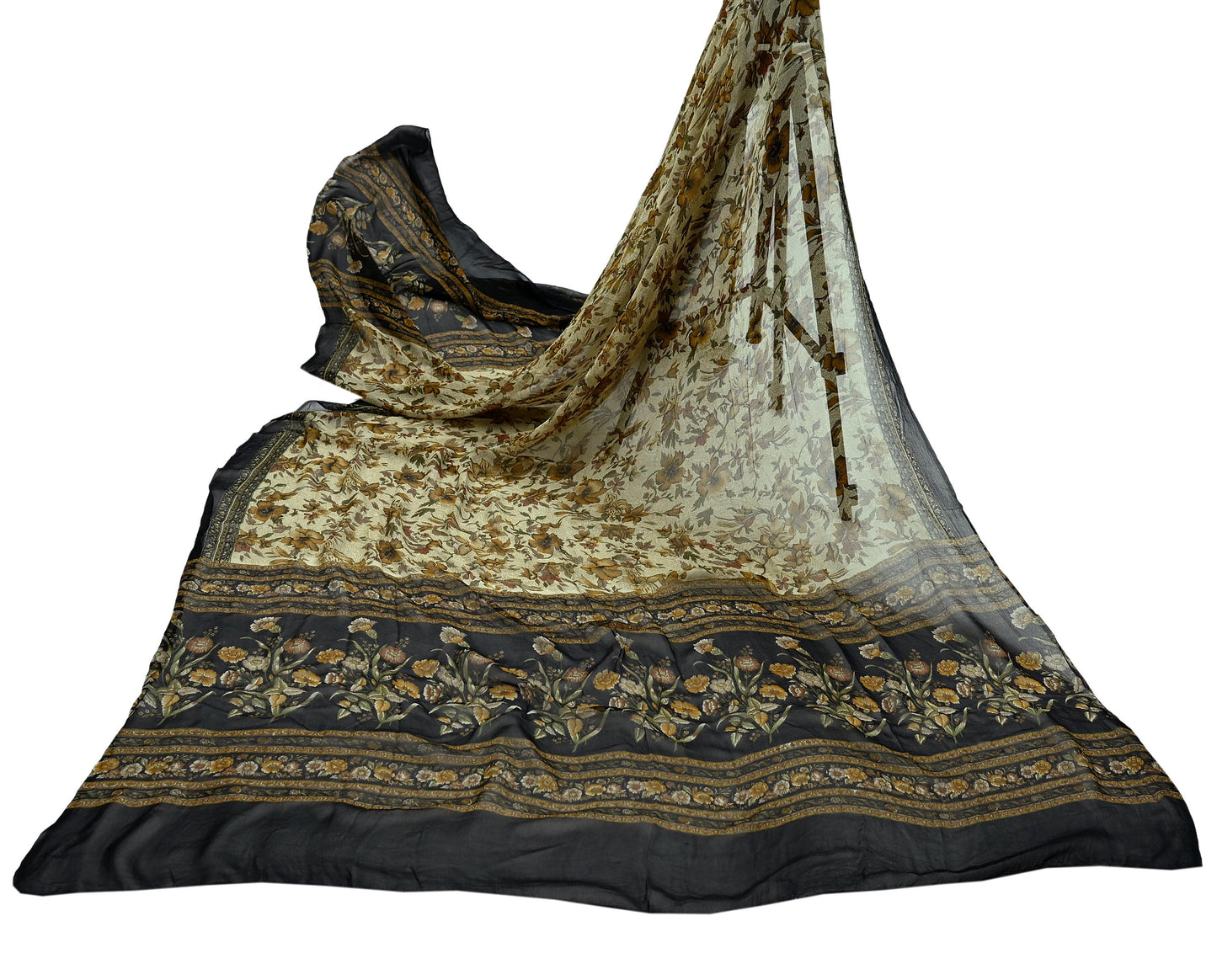 Indian Vintage Dupatta Black & Ivory Long Stole printed stole Pure Georgette Silk Scarves Veil Wrap Soft