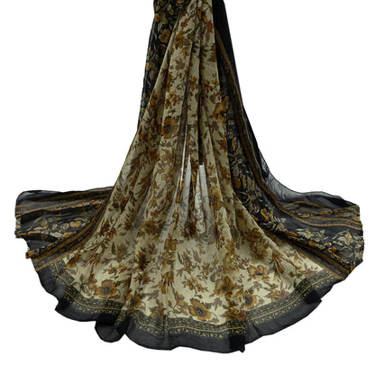 Indian Vintage Dupatta Black & Ivory Long Stole printed stole Pure Georgette Silk Scarves Veil Wrap Soft