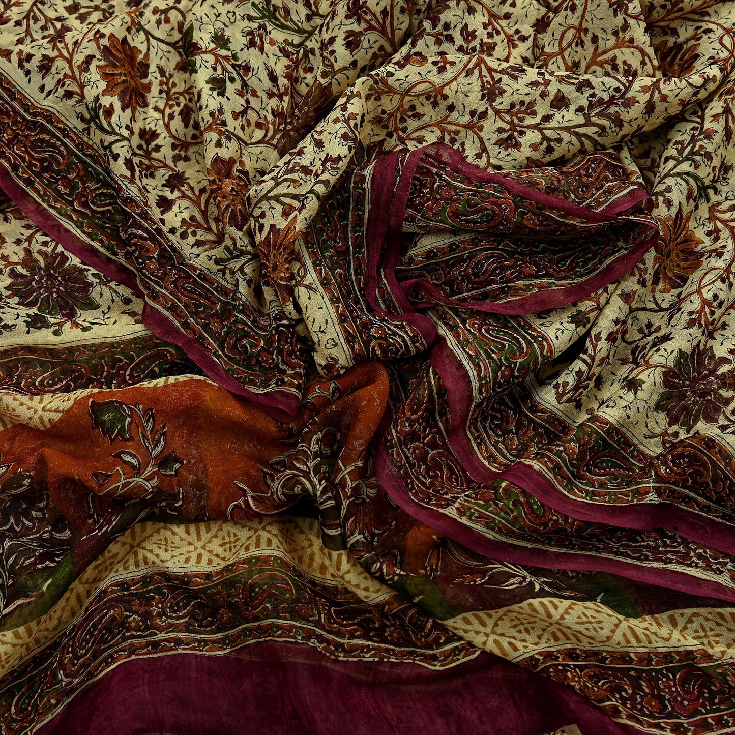 Indian Vintage Dupatta Beige & Maroon Long Stole printed stole Pure Georgette Silk Scarves Veil Wrap Soft