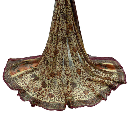 Indian Vintage Dupatta Beige & Maroon Long Stole printed stole Pure Georgette Silk Scarves Veil Wrap Soft