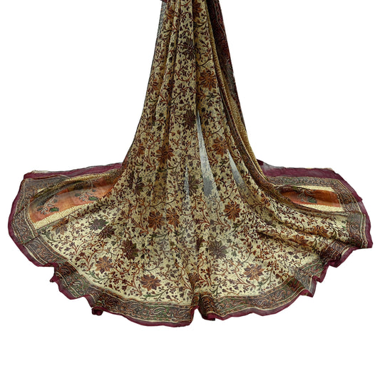 Indian Vintage Dupatta Beige & Maroon Long Stole printed stole Pure Georgette Silk Scarves Veil Wrap Soft