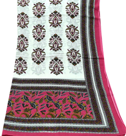 Indian Vintage Dupatta White & Pink Long Stole Block Print Pure Cotton Indian Scarves Scarf Veil Wrap Boho Soft Floral Design