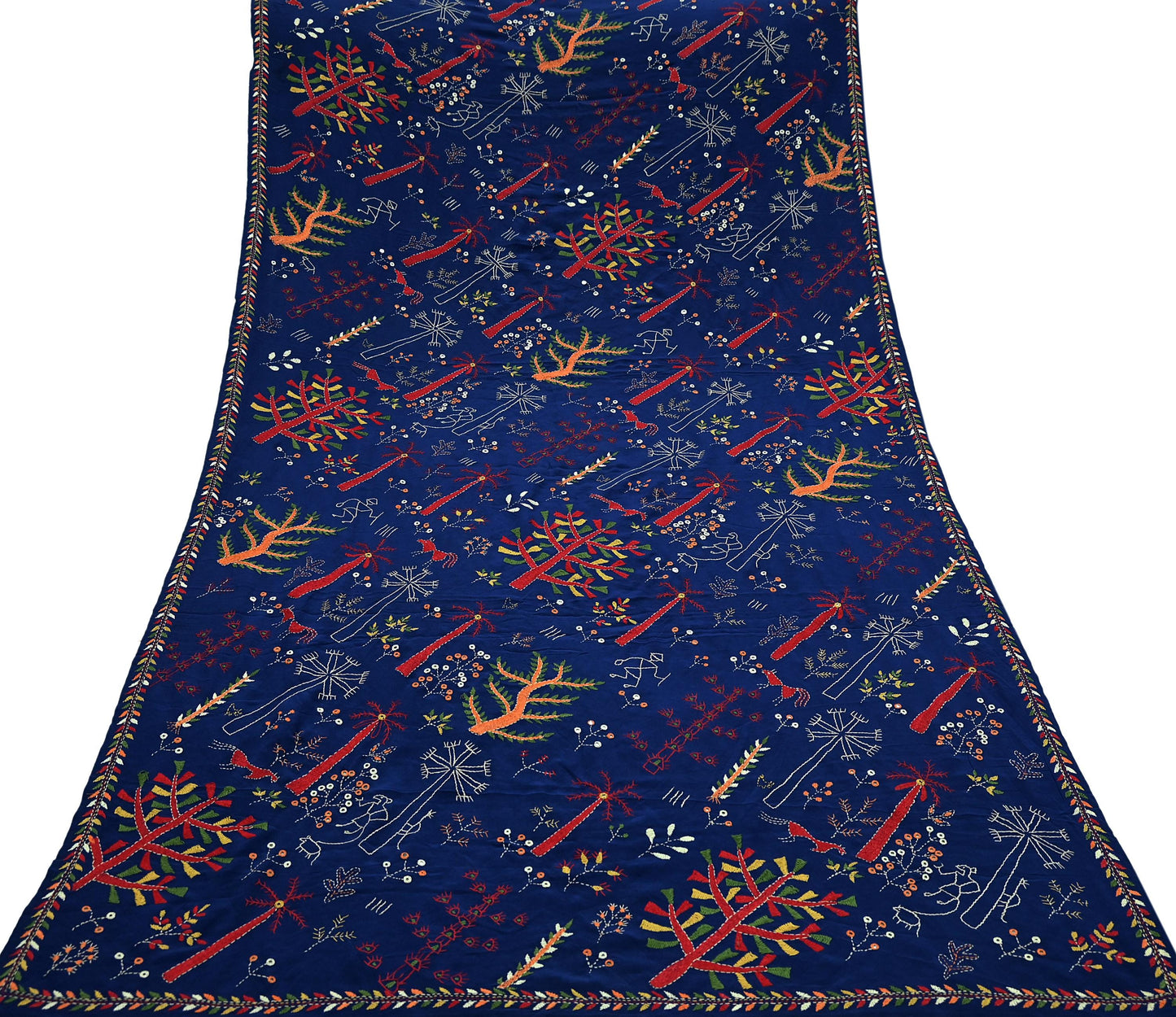 Indian Vintage Dupatta Blue Long Stole Pure Crepe Silk Hand Embroidered kantha stole Scarves Veil Wrap Soft Floral