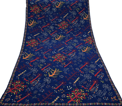 Indian Vintage Dupatta Blue Long Stole Pure Crepe Silk Hand Embroidered kantha stole Scarves Veil Wrap Soft Floral