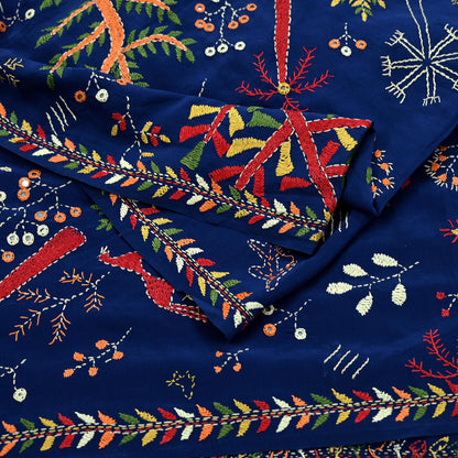 Indian Vintage Dupatta Blue Long Stole Pure Crepe Silk Hand Embroidered kantha stole Scarves Veil Wrap Soft Floral