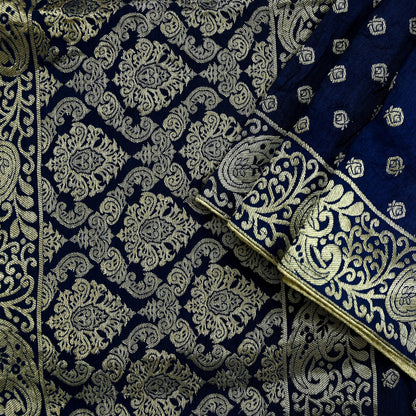 Indian Vintage Blue Dupatta Long Stole Artificial Silk Woven Brocade Scarves Veil Scarf Wrap Hippie Boho Soft Floral