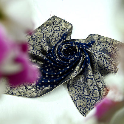 Indian Vintage Blue Dupatta Long Stole Artificial Silk Woven Brocade Scarves Veil Scarf Wrap Hippie Boho Soft Floral