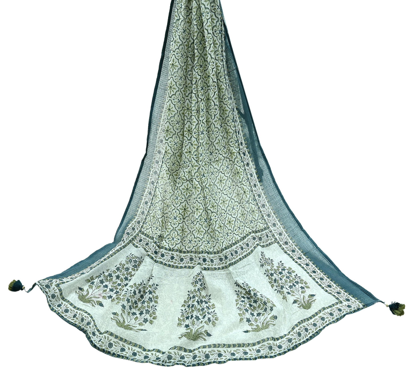 Indian Vintage Dupatta White & Gray Long Stole Block Print Pure Cotton Scarves Scarf Veil Wrap Boho Soft Floral Design