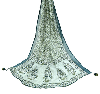 Indian Vintage Dupatta White & Gray Long Stole Block Print Pure Cotton Scarves Scarf Veil Wrap Boho Soft Floral Design