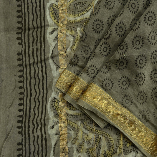 Indian Vintage Green & Cream Dupatta Long Stole Block Print Pure Chanderi Silk Scarves Veil Zari Wrap Hijab