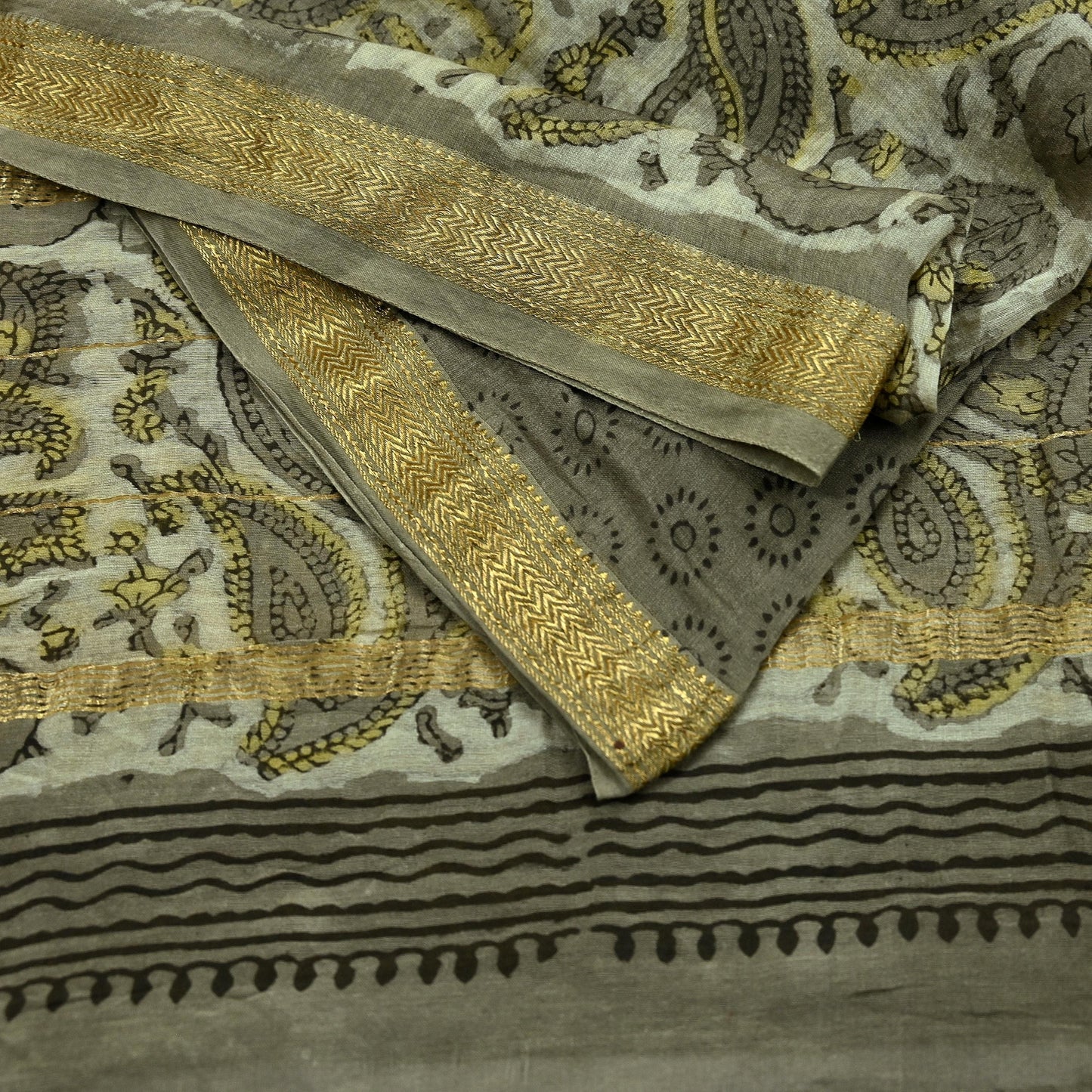 Indian Vintage Green & Cream Dupatta Long Stole Block Print Pure Chanderi Silk Scarves Veil Zari Wrap Hijab