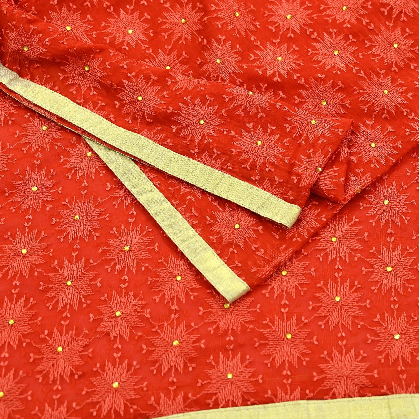 Indian Vintage Orange Dupatta Long Stole Chiffon Hand Embroidered Bagh Phulkari Stole Scarves Golden lace Mirror