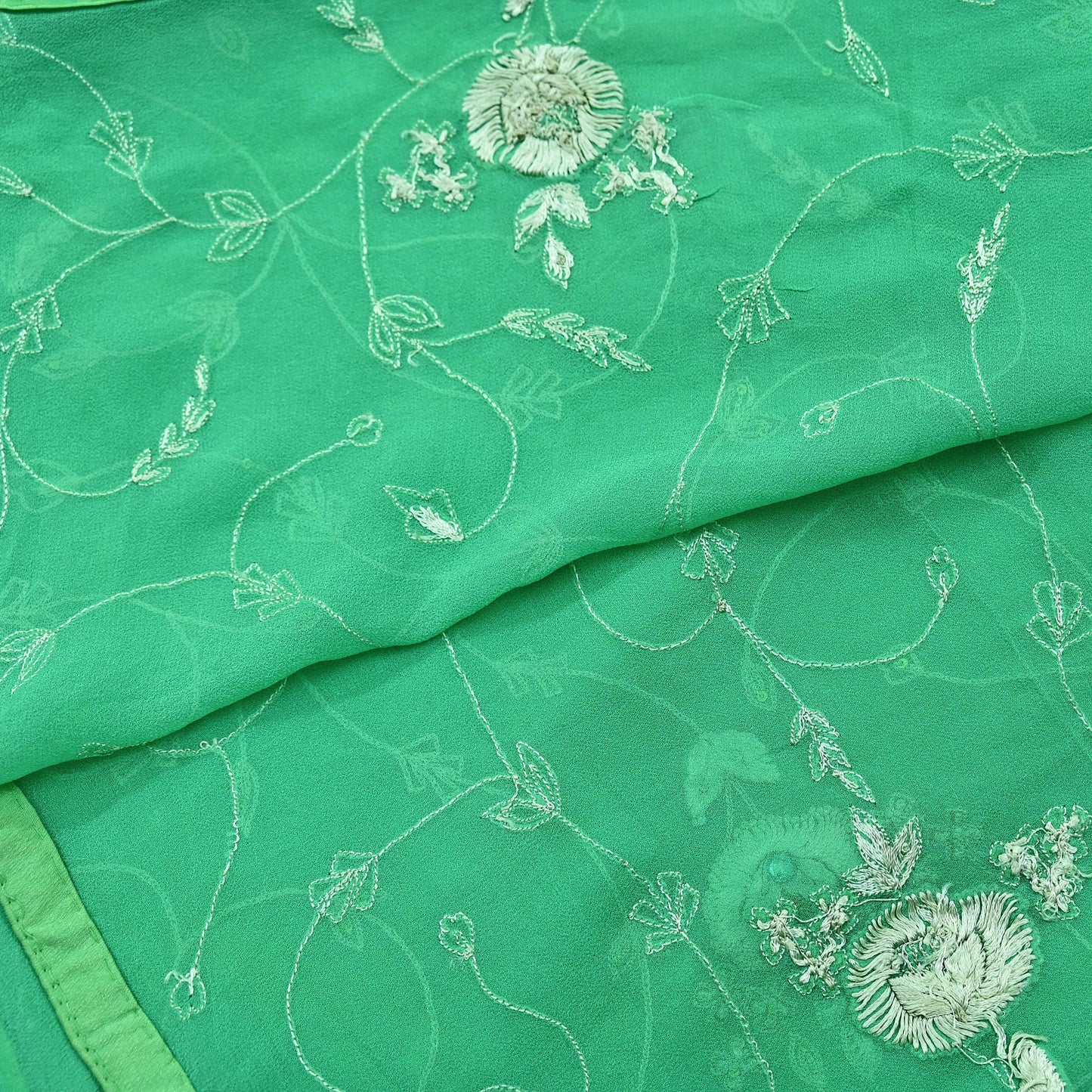 Indian Vintage Dupatta Green Pure Georgette silk Long Stole Hand Embroidered Scarves Stole Veil Wrap