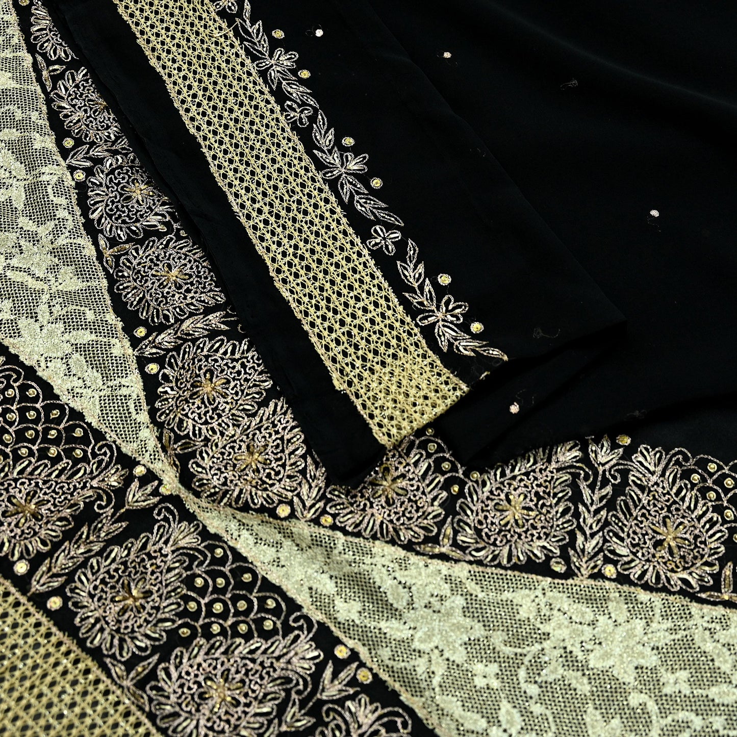 Indian Vintage Black Saree Georgette Hand Embroidered Sari Craft Fabric 5Yd Sewing Soft Ethnic Dress making Crafting Quilting Dabka