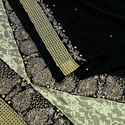 Indian Vintage Black Saree Georgette Hand Embroidered Sari Craft Fabric 5Yd Sewing Soft Ethnic Dress making Crafting Quilting Dabka